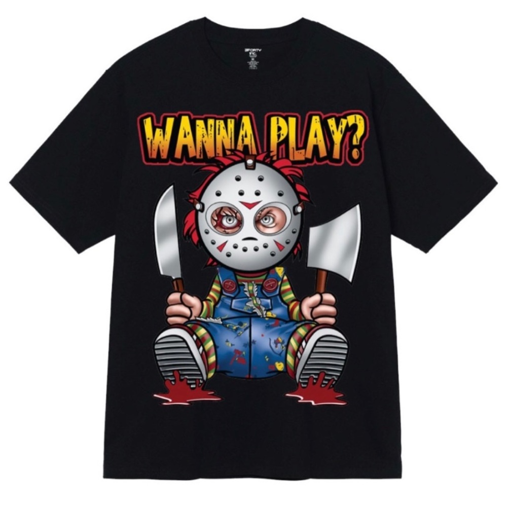 3Forty Wanna Play Chucky Jason Friday The 13th Horror Movie Short Sleeve T-Shirt